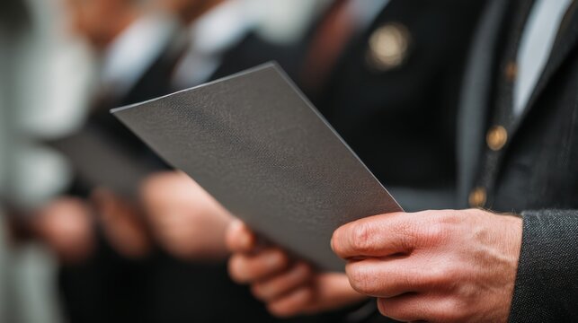 A group of individuals holding documents, dressed in formal attire, indicating a professional or ceremonial setting.