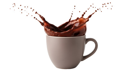 Exuberant splash of rich, dark chocolate liquid bursting from a warm beverage mug, capturing the vigorous action of a delightful, well-whisked treat