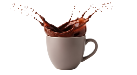 Exuberant splash of rich, dark chocolate liquid bursting from a warm beverage mug, capturing the vigorous action of a delightful, well-whisked treat