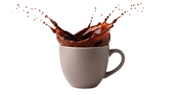 Exuberant splash of rich, dark chocolate liquid bursting from a warm beverage mug, capturing the vigorous action of a delightful, well-whisked treat