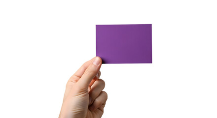 Hand holding a vibrant purple rectangular card, providing a perfect blank canvas for customizable content, messaging, or creative branding mockups on an isolated white background