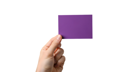 Hand holding a vibrant purple rectangular card, providing a perfect blank canvas for customizable content, messaging, or creative branding mockups on an isolated white background