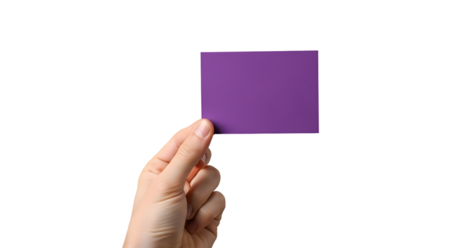 Hand holding a vibrant purple rectangular card, providing a perfect blank canvas for customizable content, messaging, or creative branding mockups on an isolated white background