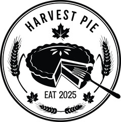Vintage harvest pie logo with wheat and maple leaves
