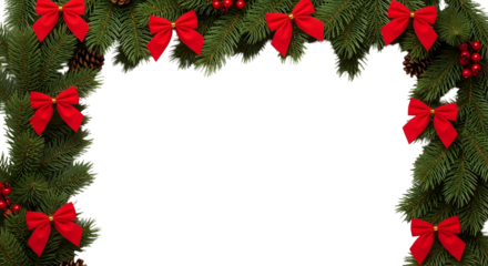 Vibrant Christmas Garland Frame with Red Bows and Berries, Perfect for Festive Holiday Season Decorations and Creative Design Projects on a Pure White Background
