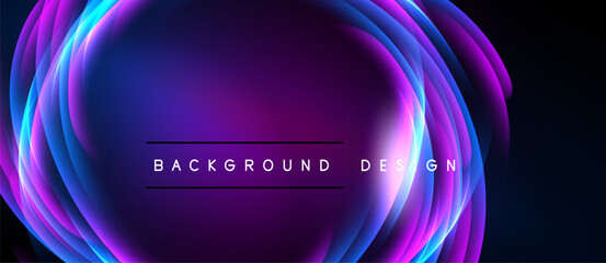 Abstract neon layers create vibrant circular design. Purple, blue hues dominate dark background. Text reads background design.