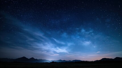 Fototapeta premium Moonless night sky with wispy clouds and distant starry glow over mountains