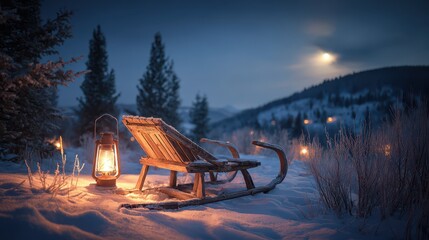 Moonlit Night Scene with Lantern-Lit Sleigh Among Snowy Pines