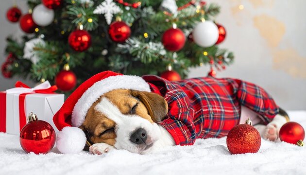 Sleeping puppy in Santa outfit near Christmas tree. - Powered by Adobe