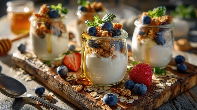 Morning breakfast scene: thick yogurt in glass jars, mint, and honey drizzle - Powered by Adobe