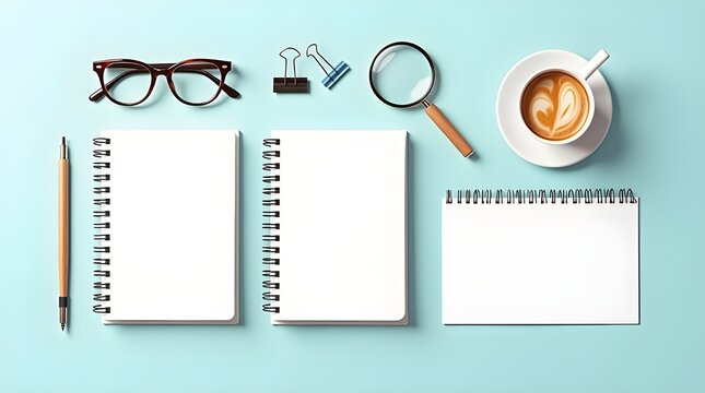 Top view photo of workplace planners pen binder clips magnifier glasses and cup of frothy coffee on isolated light blue background with copyspace