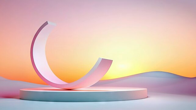 A minimalist abstract sculpture with a curved form, placed on a circular pedestal. The background features a soft gradient of sunset colors, creating a serene a - Powered by Adobe