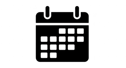 Black and white calendar icon with a minimalist design and a clip at the top for hanging isolated on transparent background