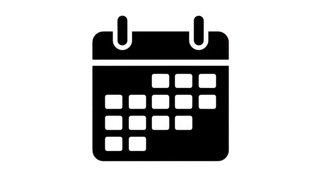 Black and white calendar icon with a minimalist design and a clip at the top for hanging isolated on transparent background