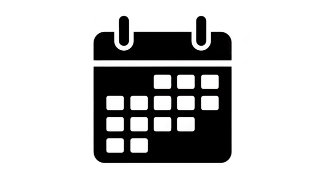 Black and white calendar icon with a minimalist design and a clip at the top for hanging isolated on transparent background