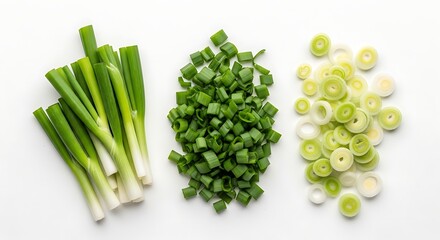 Three piles of scallions showing whole chopped and sliced green onions
