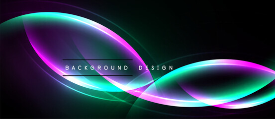 Abstract neon lines create dynamic curves. Vibrant colors blend against dark background. Modern design element for digital projects.