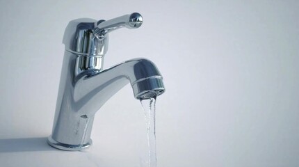 Fresh water flowing from a shiny chrome faucet, symbolizing cleanliness and essential resource management