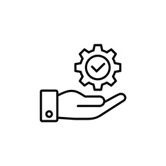 Hand holding gear with check mark icon symbolizing service and quality