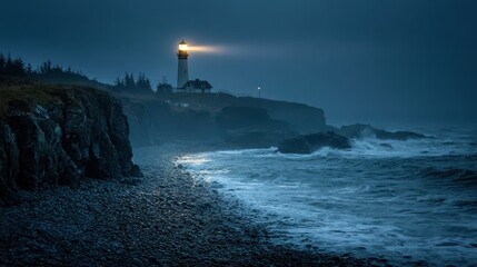 Nighttime Coastal Beacon Illuminating the Misty Horizon