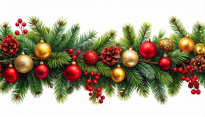 Christmas garland with baubles and berries on pine branches.