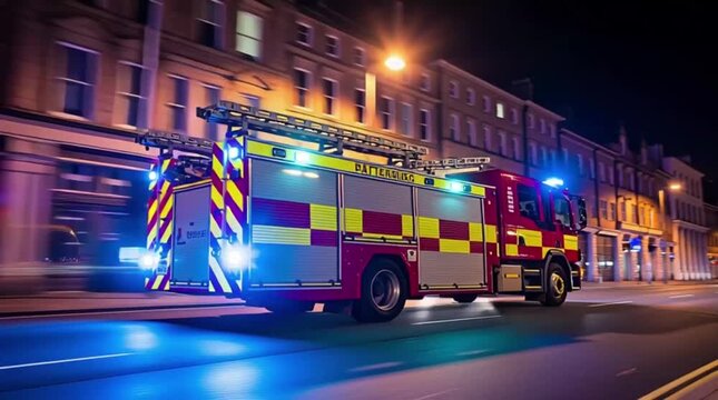 Fire Engine Responding at Night with Lights Flashing on City Street