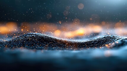 An abstract digital rendering of a textured, wave-like surface covered in tiny glowing particles, set against a dark background with soft, out-of-focus bokeh li