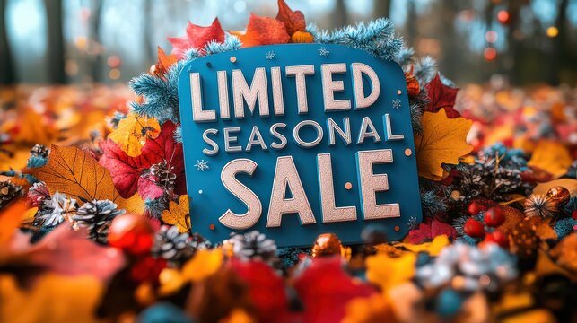 Autumn leaves surround a blue sign reading "Limited Seasonal Sale".