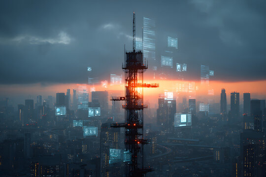 Tower connects a vibrant city skyline with digital data flow at nighttime