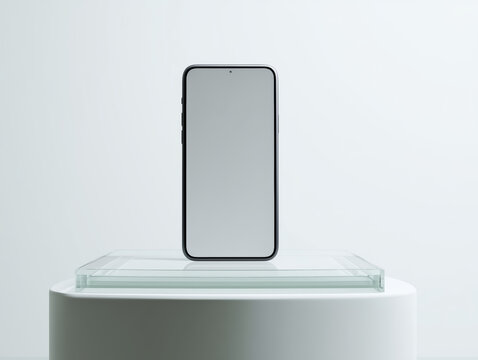 Minimalist phone display stands out on a sleek glass podium