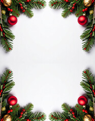 tarjeta navideña marco con regalos y adornos de navidad en la esquina sobre fondo blanco con espacio para texto y diseño, para felicitaciones, promociones o carta de reyes magos