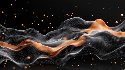 An abstract digital visualization featuring undulating waves of white and orange particles against a dark background, with scattered orange spheres.