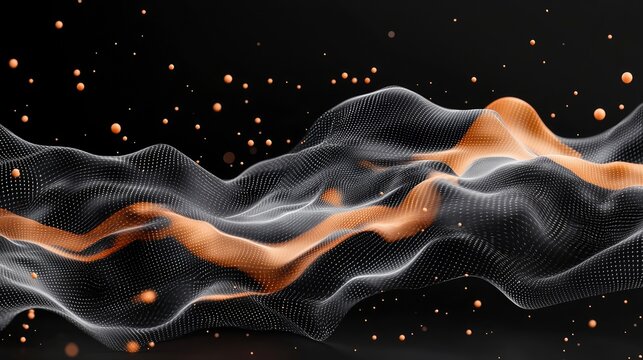 An abstract digital visualization featuring undulating waves of white and orange particles against a dark background, with scattered orange spheres. - Powered by Adobe
