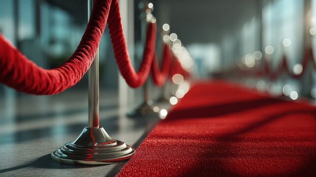 A glamorous red carpet pathway lined with velvet ropes, suggesting elegance and exclusivity in a sophisticated setting.