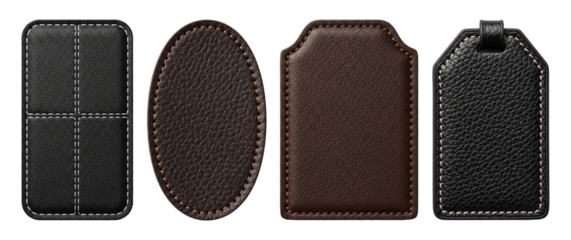 Four different shapes of black and brown leather tags. cutout on transparent background
