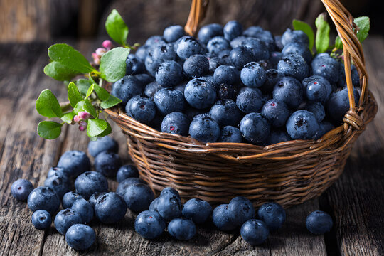 Freshly picked blueberries in a rustic basket on a wooden table
