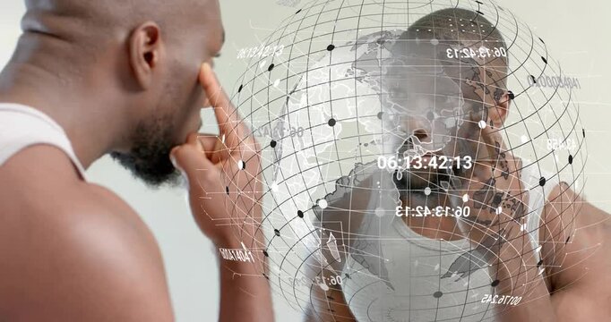 Man turning to mirror pinching nose rubbing cheeks viewing skin while health orb over glass growing