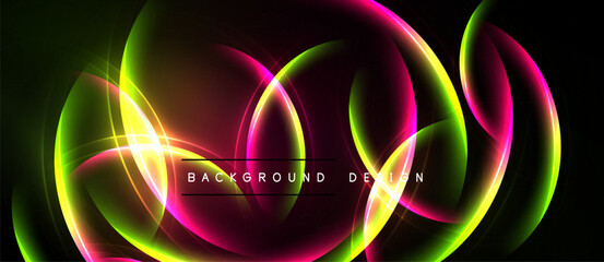 Abstract neon lights form flowing shapes. Vibrant colors blend, creating dynamic background design. Dark space emphasizes luminosity.