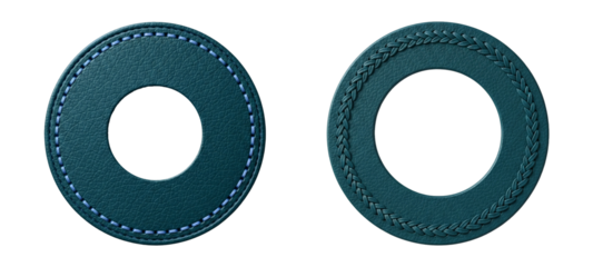 Two teal leather circles with stitching and braided edges. cutout on transparent background