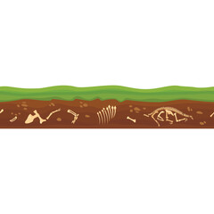 Pixel Art Cross Section of Earth Showing Buried Dinosaur Skeletons Grass and Soil Layers Transparent Background
