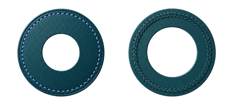 Two teal leather circles with stitching and braided edges. cutout on transparent background