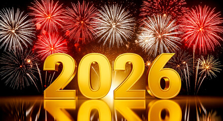 Golden 2026 New Year Celebration With Fireworks Reflection Bright Festive Cheers