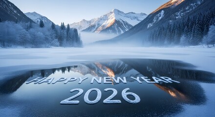 Happy new year 2026 on frozen lake with snowy mountains reflection