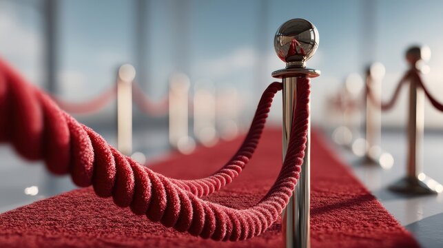 A close-up view of a red carpet lined with velvet ropes and stanchions, suggesting a prestigious event or ceremony.