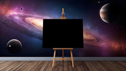 宇宙の壁紙の部屋に、黒い画面のイーゼル