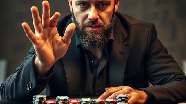 An intense man at a poker table makes a big bet. Professional gambler pushing all chips in for an all-in move. High-stakes gambling and risk concept