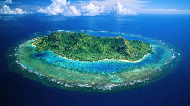 Aerial view of tropical island surrounded by a vibrant turquoise reef in vast, deep-blue ocean - Powered by Adobe
