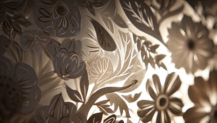 Paper cutouts, intricate floral and leaf patterns, back lit