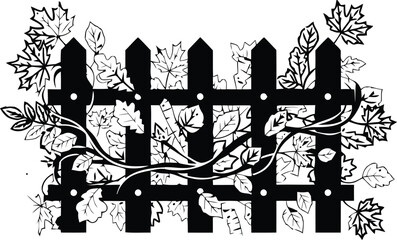 Black and white illustration of a wooden picket fence with vines and leaves