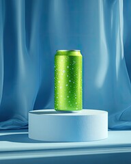 Icy green drink can on white podium, blue draped backdrop